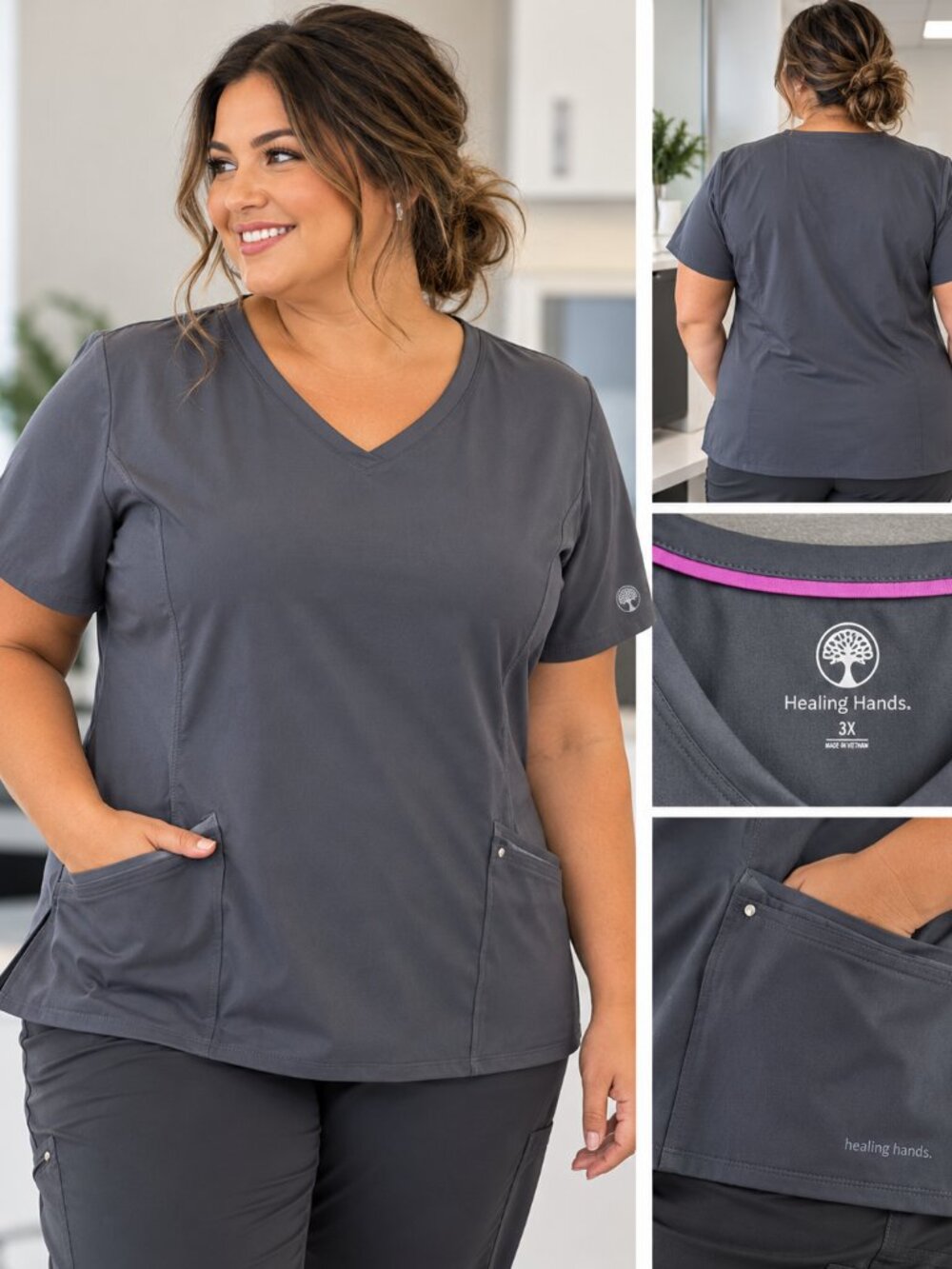 NWT Healing Hands 3X Pewter Yoga Knit V-Neck Juliet Scrub Top With Pockets